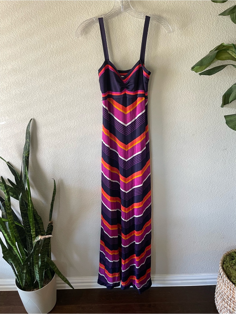 Trina Turk Striped V-Neck Maxi Dress in Purple, Pink & Orange